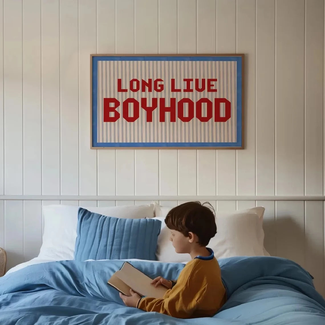 Long Live Boyhood Retro Quote Canvas Wall Art | Blue Red Print