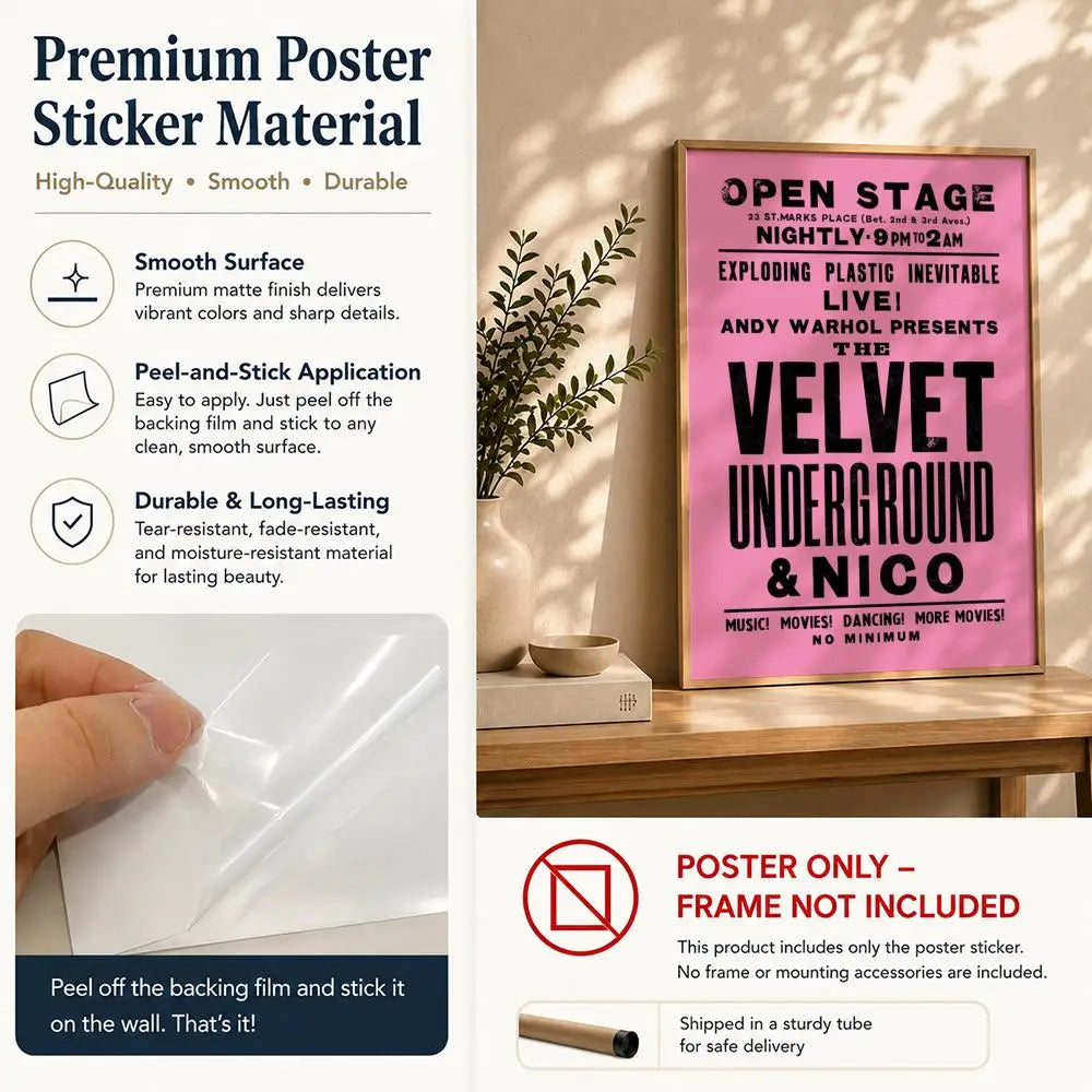 Band T-The Velvet UndergroundS Poster HD Self Adhesive Waterproof Wall Art Ideal for Home Office Dorm Bedroom Great Gift Peaceful Pleasures Health and Wellness