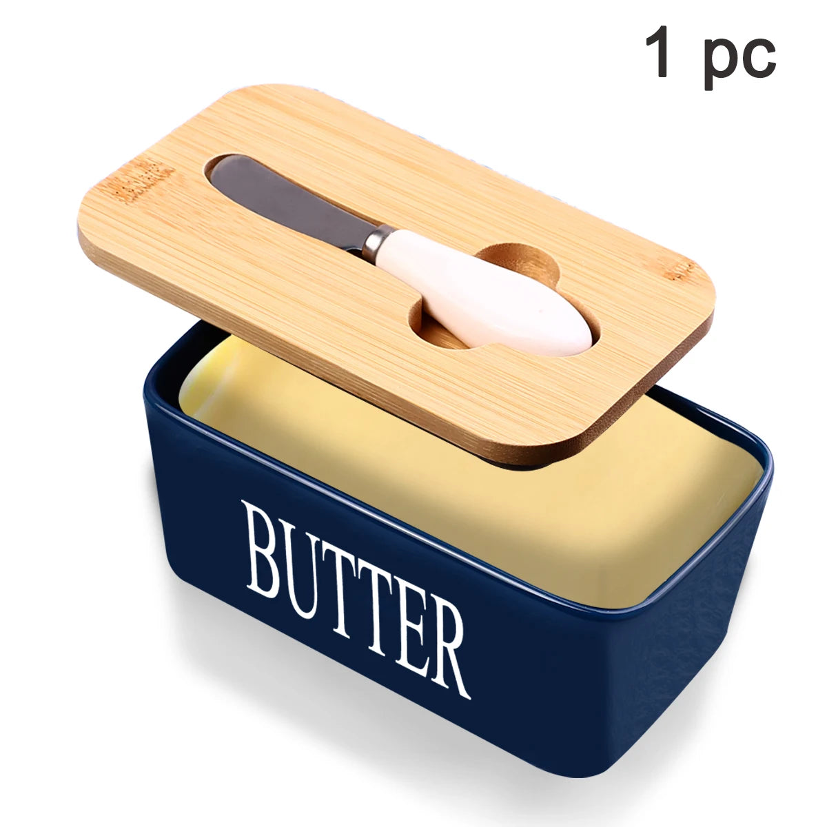 1 Set Of Ceramic Butter Dish With Bamboo Lid And Built-In Knife Butter Keeper With Double Silicone Sealing Ring Kitchen Peaceful Pleasures Health and Wellness Blue United States