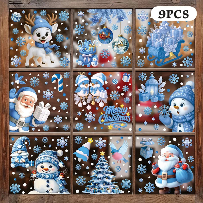 Blue Christmas Window Clings – Santa, Snowflakes & Reindeer Set