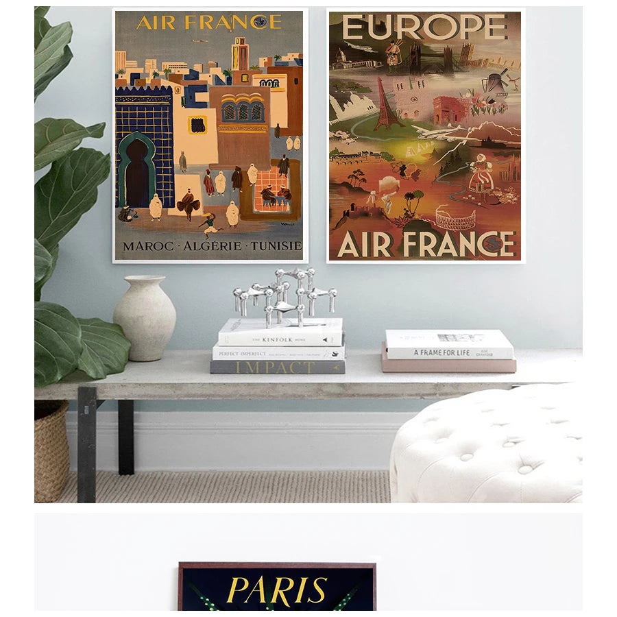France & Japan Vintage Travel Canvas Poster | Unframed Wall Art