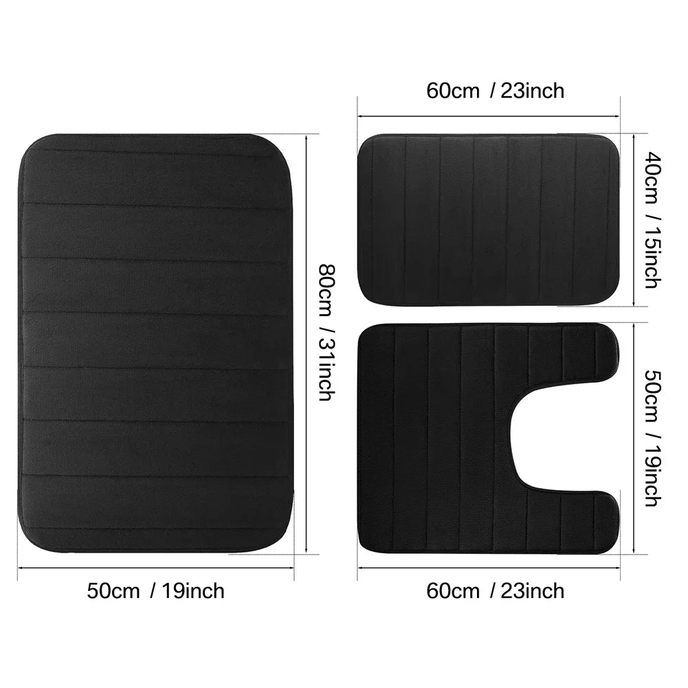 3Pc Sets Bath Mats Non Slip Memory Foam Bathroom Soft Rugs Water Absorption Dry Fast Bath Mat Machine Washable For Home Floor Peaceful Pleasures Health and Wellness black 3pcs set