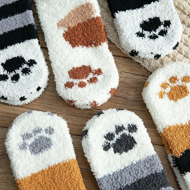 Women's Fuzzy Cat Paw Fluffy Socks | Warm Coral Fleece Floor Socks
