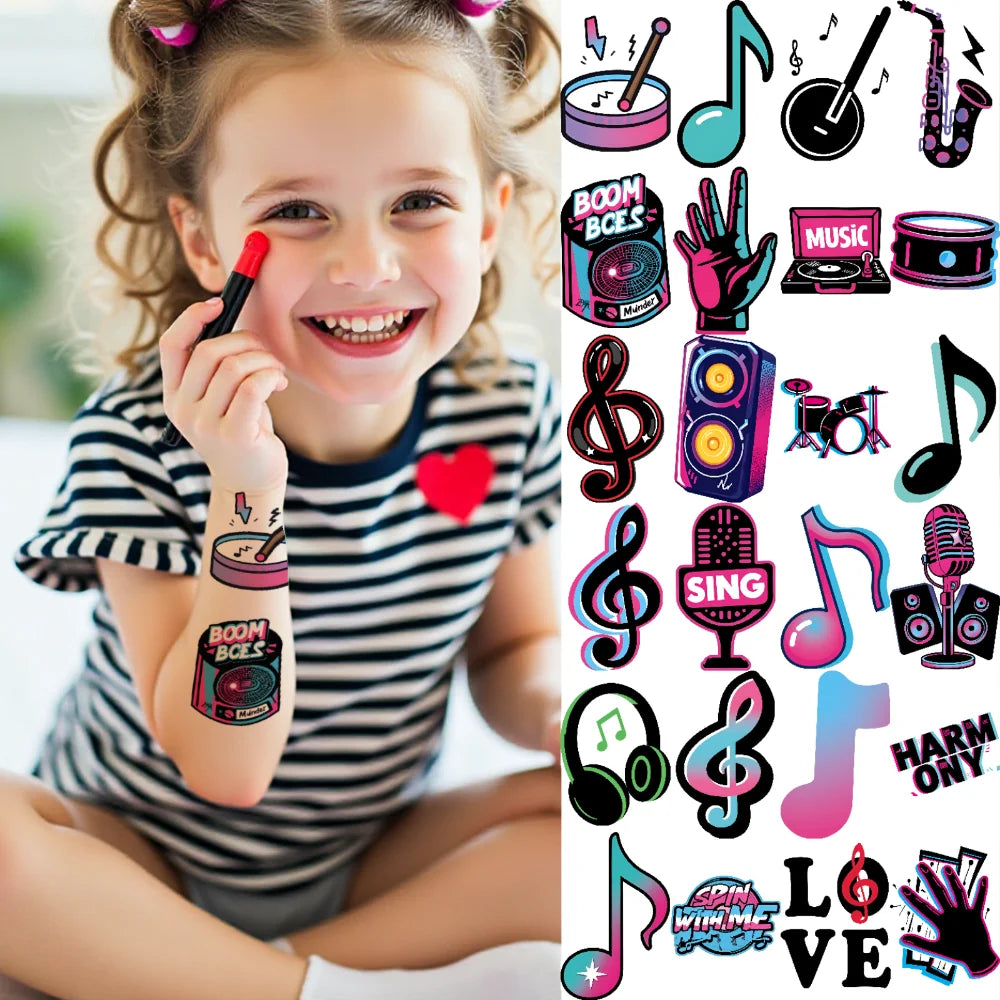 63-Pack Music Cartoon Temporary Tattoos – Waterproof Stickers