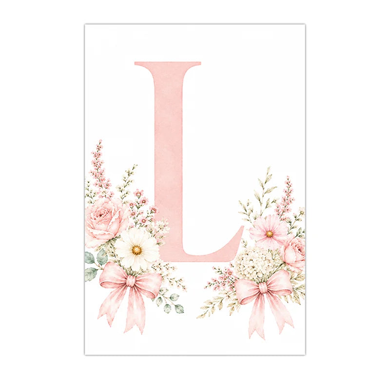 Floral Alphabet Wall Art Custom Letter Canvas Painting Pink Flower Poster Print Nursery Wall Decor Peaceful Pleasures Health and Wellness