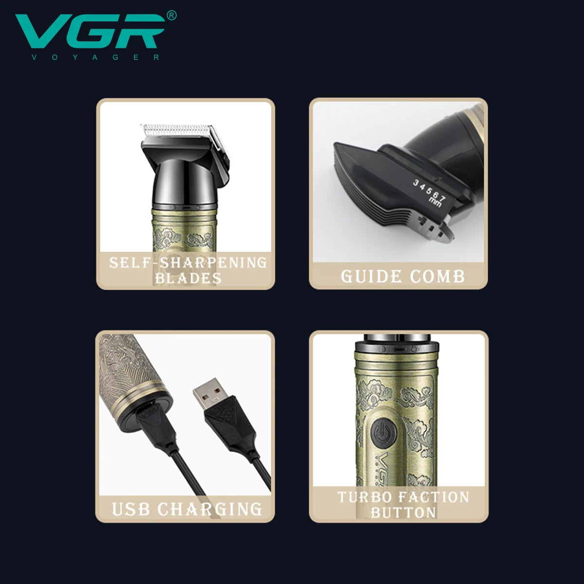 VGR 621 4-in-1 Hair Cleaning Set for Men: Shaver, Carving, Haircutting, Pushing, Metal Nose Hair Trimmer, Electric Shaver Peaceful Pleasures Health and Wellness