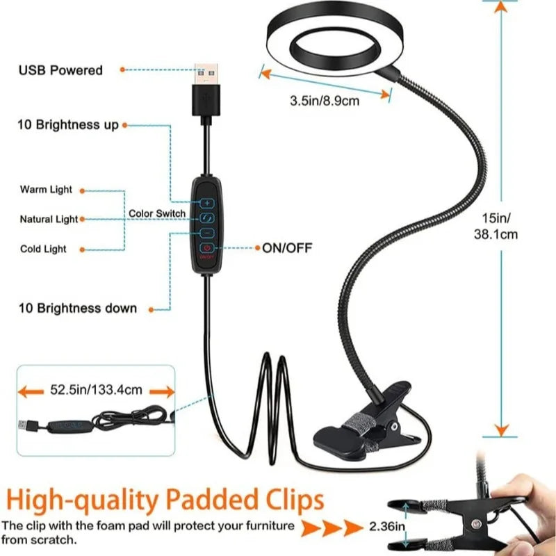 RTONTR LED Clip Desk Lamp | Rechargeable Dimmable Gooseneck