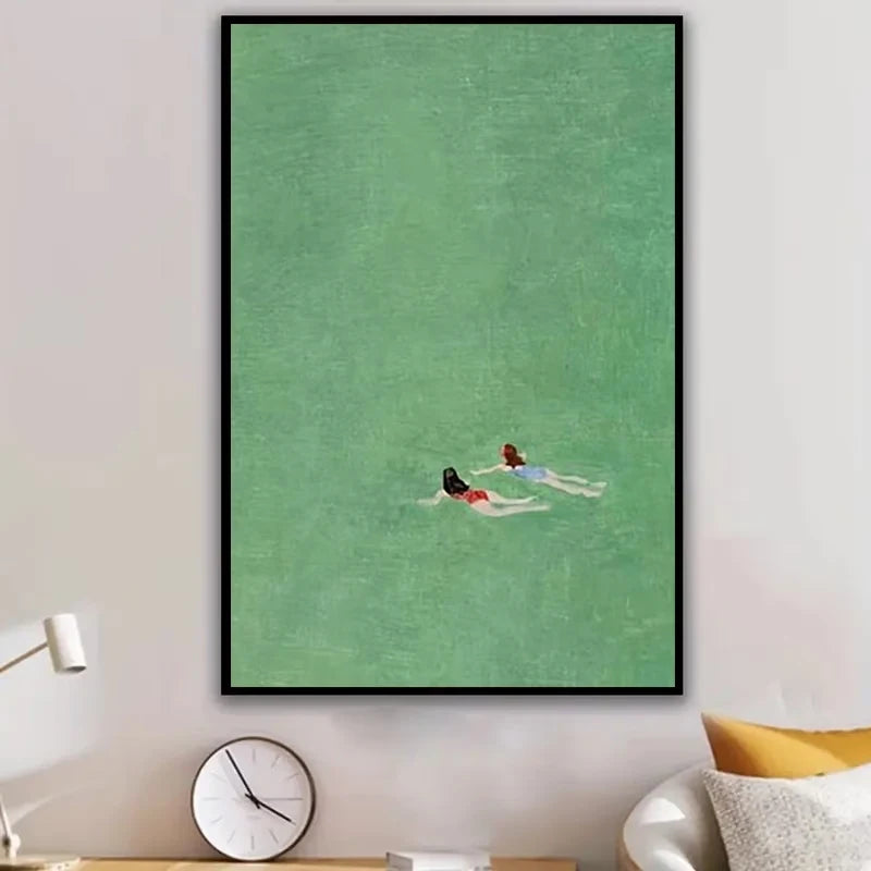 Serene Swimming Figures Green Waters Canvas Wall Art Print