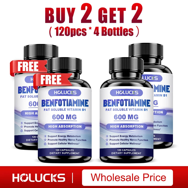 HOLUCKS Benfotiamine 600mg – Nerve & Energy Support Capsules Vitamin B1 Supplement Peaceful Pleasures Health and Wellness 4 Bottles-120pcs
