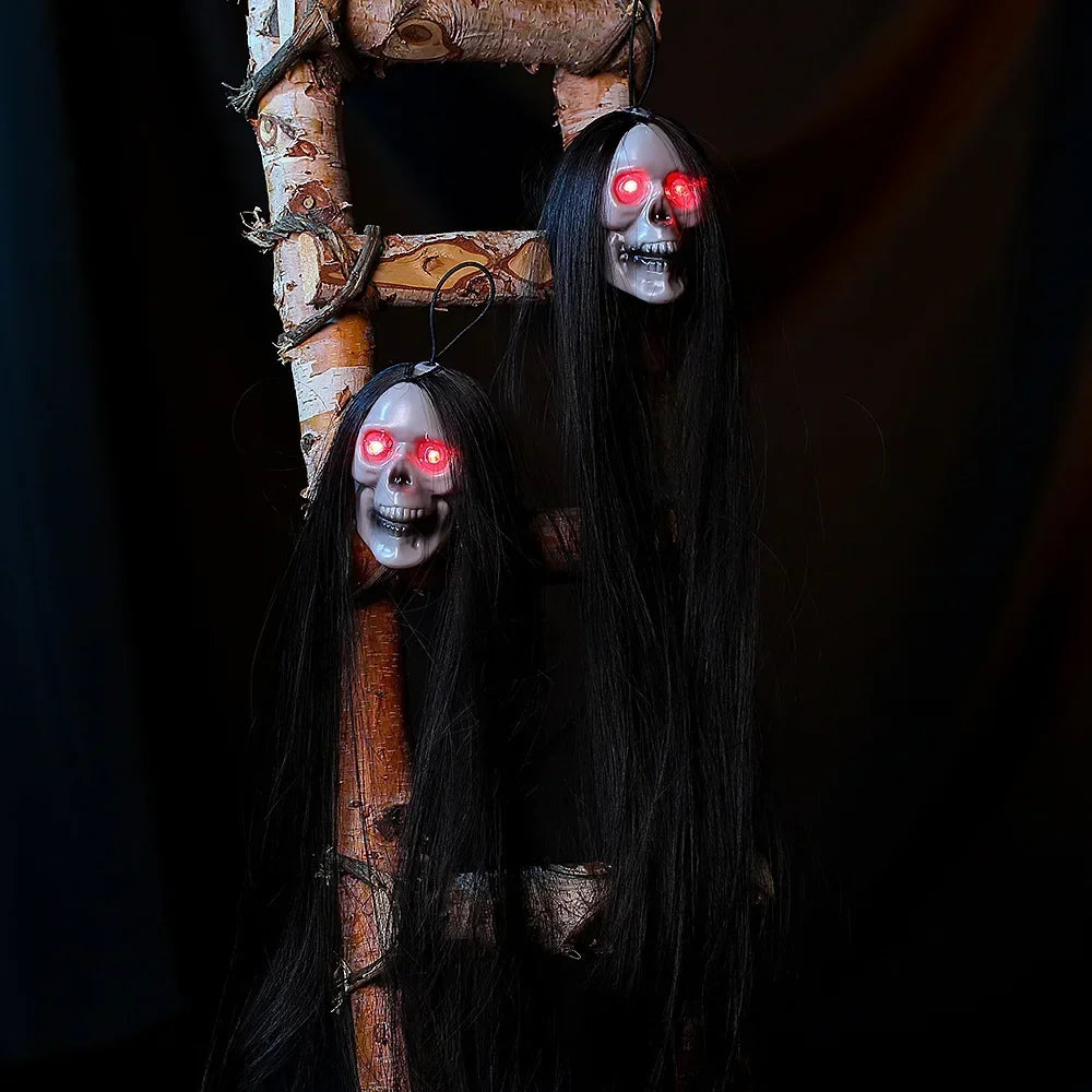 Halloween Hanging Ghost Skull – Glowing Eyes & Long Hair Decor