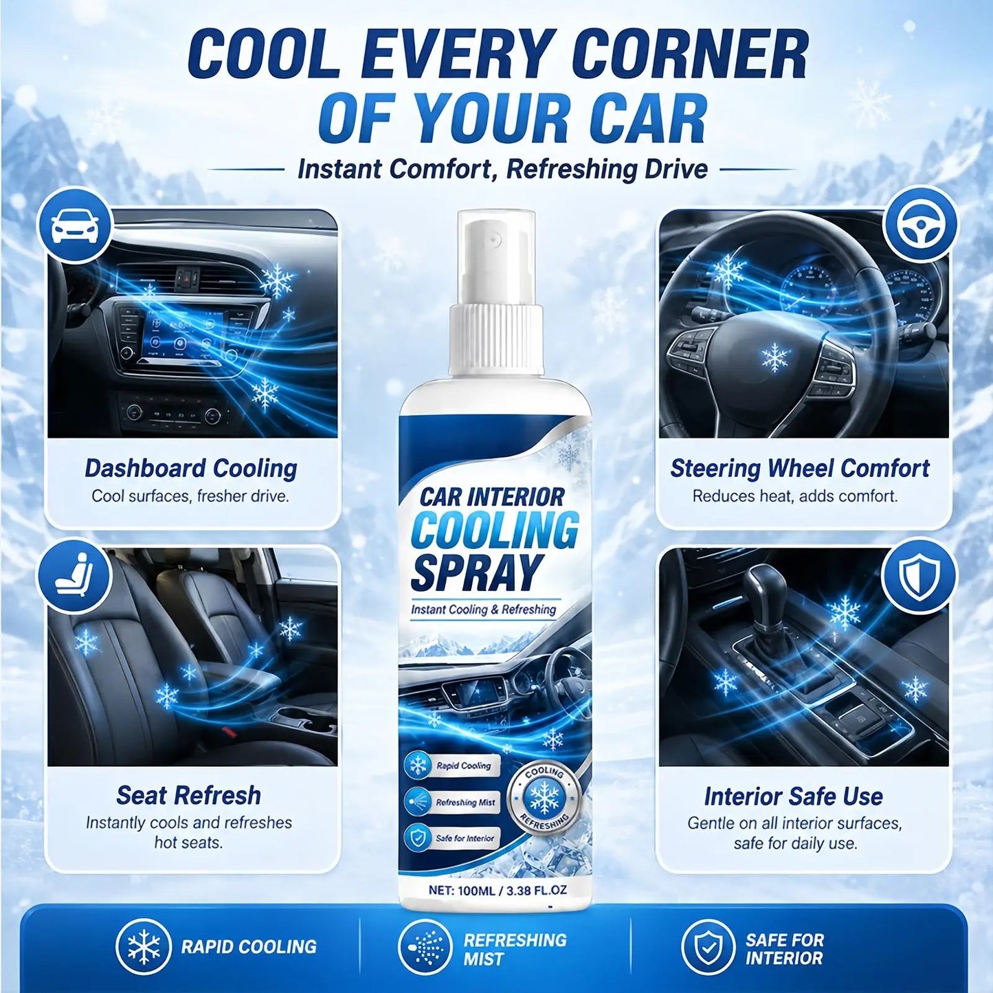 100ml Car Interior Cooling Spray Fast-Acting Freeze Spray Cools Leather Seats Dashboard Steering Wheel, Odor Eliminator Peaceful Pleasures Health and Wellness