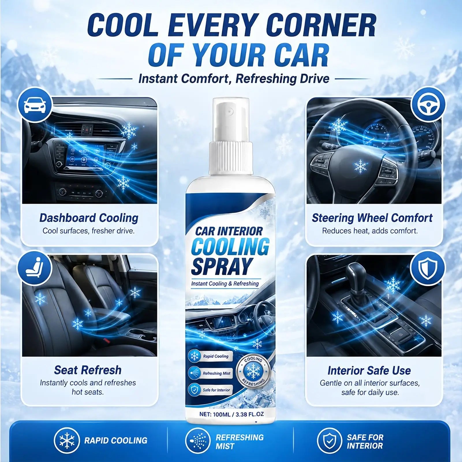 100ml Car Interior Cooling Spray Fast-Acting Freeze Spray Cools Leather Seats Dashboard Steering Wheel, Odor Eliminator Peaceful Pleasures Health and Wellness