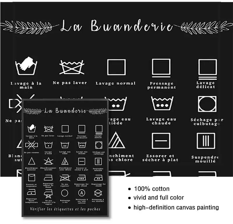 Art Picture Canvas Painting Laundry Room Decor French Symbol Sign Prints Black and White Affiche Buanderie Wall Peaceful Pleasures Health and Wellness