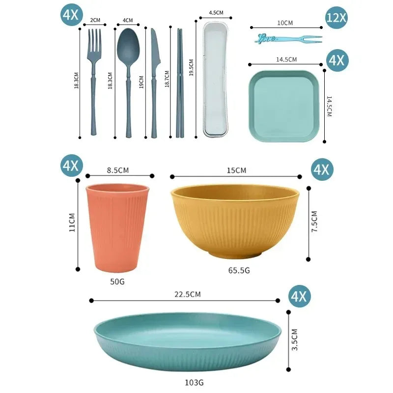 48-Piece Wheat Straw Eco-Friendly Dinnerware Set for 4 – BPA-Free Plates, Bowls, Mugs & Cutlery for Home & Camping