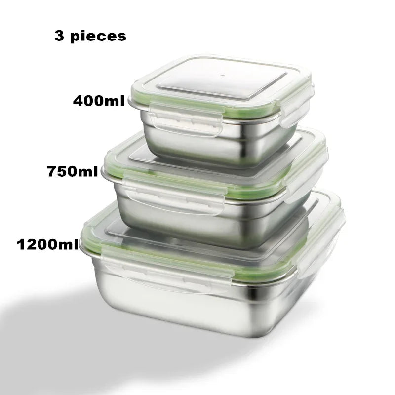 3-Piece Stainless Steel Food Containers Set 400/750/1200ml