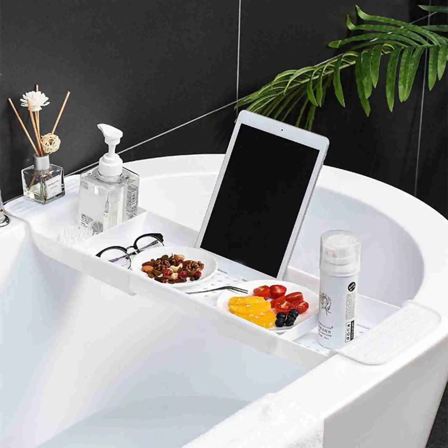 Bathtub Tray Stable Placement Expandable Plastic Material Draining Design Bath Tub Table for Bathroom Bath Tub Table Peaceful Pleasures Health and Wellness
