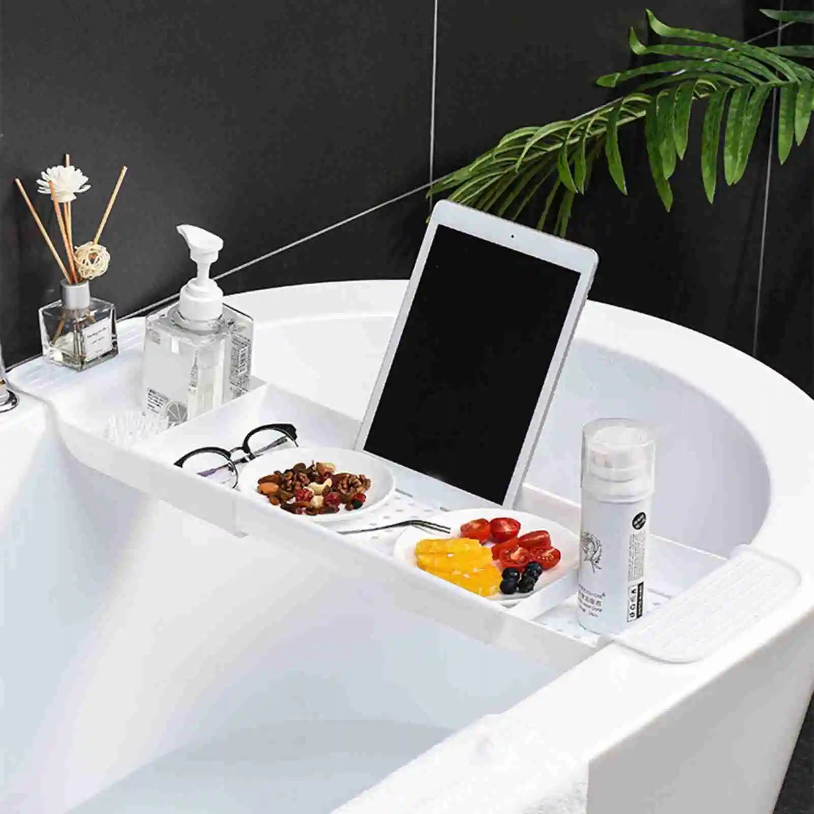Bathtub Tray Stable Placement Expandable Plastic Material Draining Design Bath Tub Table for Bathroom Bath Tub Table Peaceful Pleasures Health and Wellness