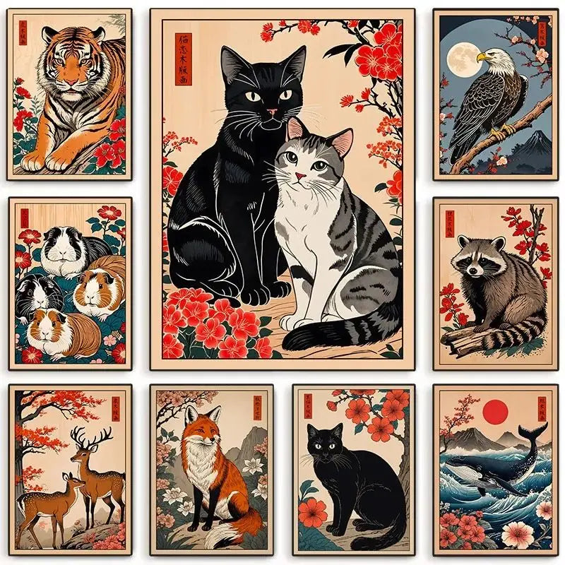 Japanese Animal Canvas Print | Vintage Tiger Fox Deer Retro Poster