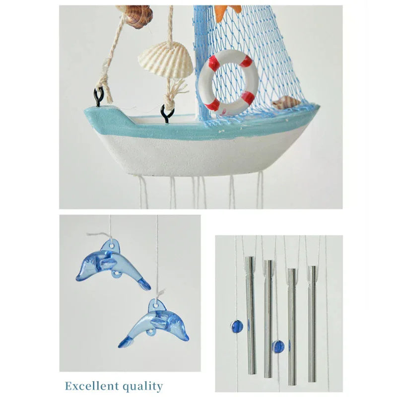 Mediterranean Wooden Sailboat Wind Chime Hanging Ornament