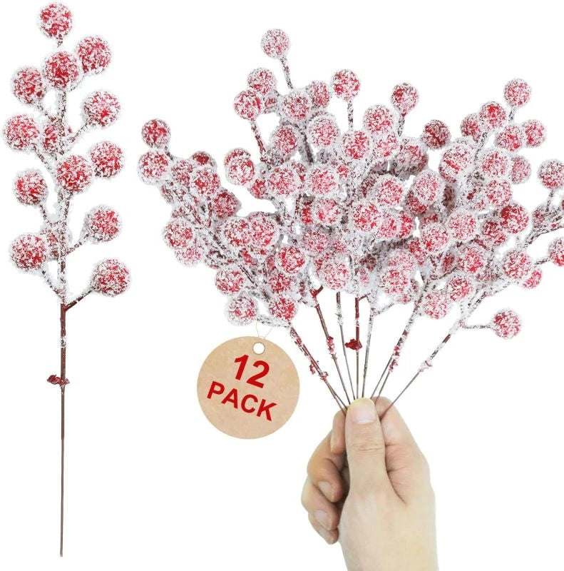 12Pcs Artificial Holly Berry Branches | Christmas & Wedding Decor