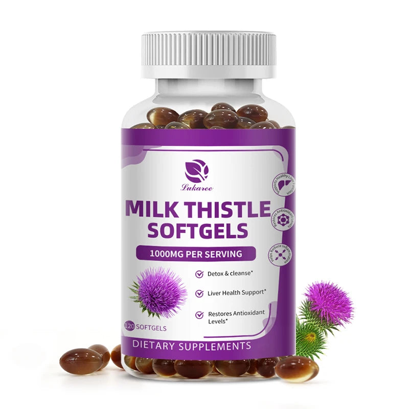 Bottle of Milk Thistle Softgels with purple label on a white background