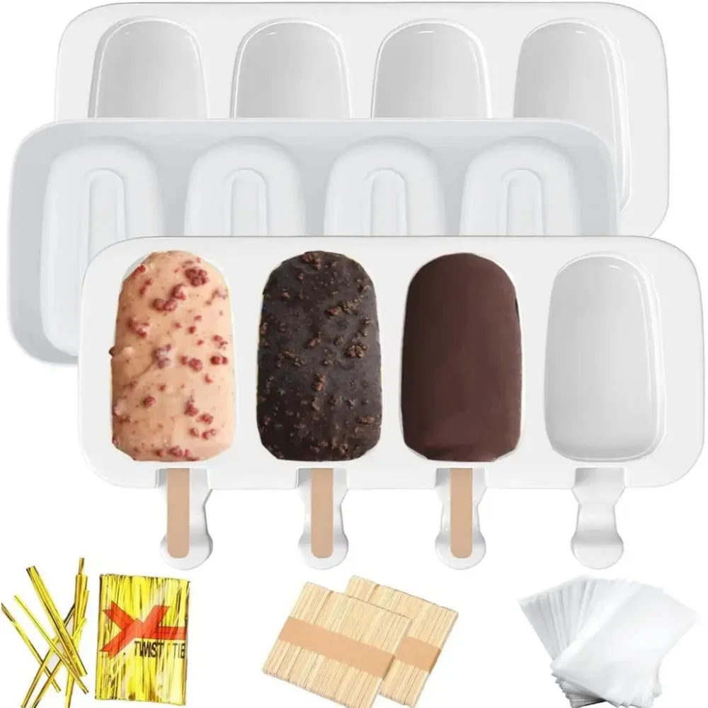 4Pcs Large Silicone Popsicle Molds Set,4 Cavities Oval Cake Pop&Ice Cream Bar Molds,Homemade Ice Making Kit Ice Cream Mold Peaceful Pleasures Health and Wellness