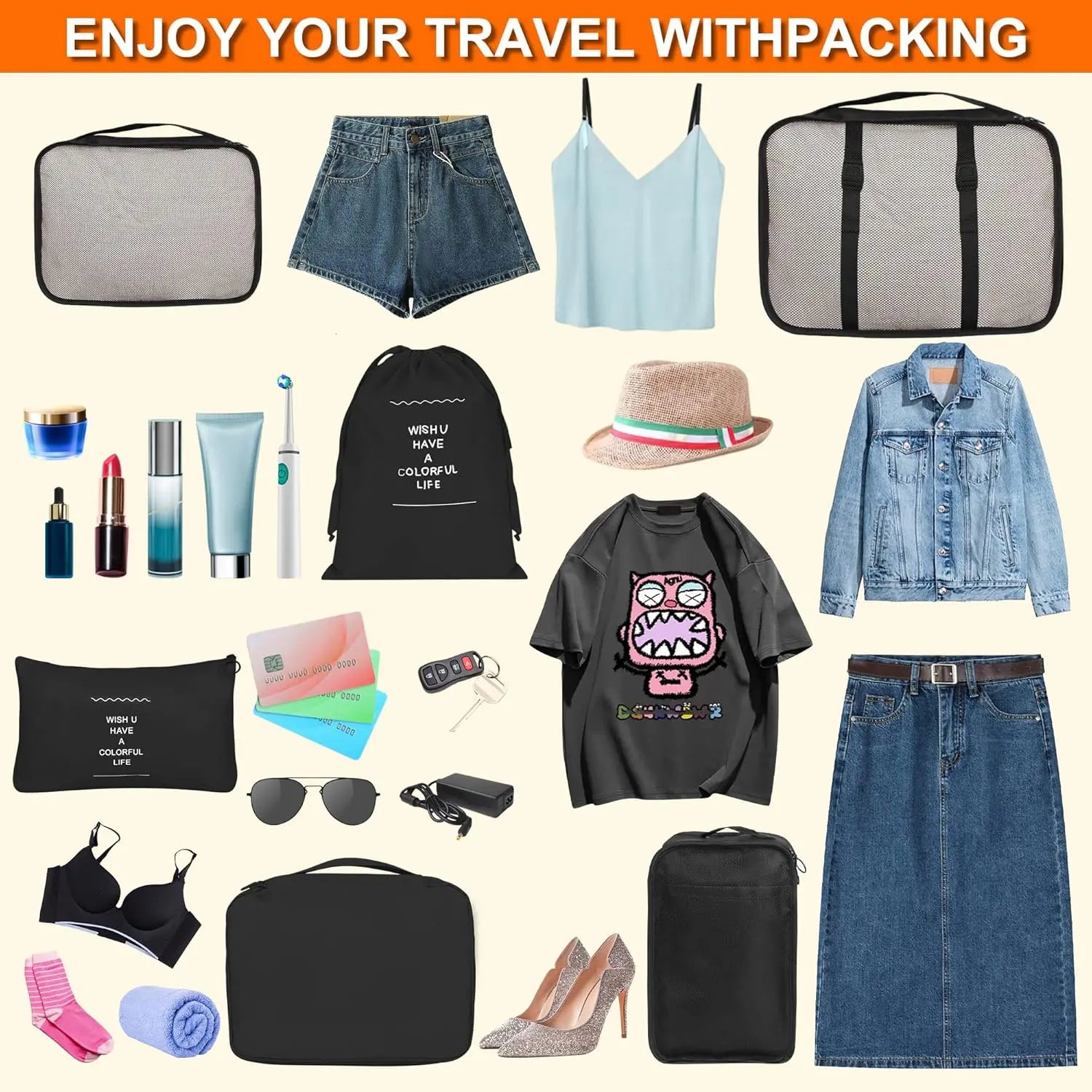 8-Piece Travel Packing Cubes Set with Laundry & Shoe Bags Peaceful Pleasures Health and Wellness