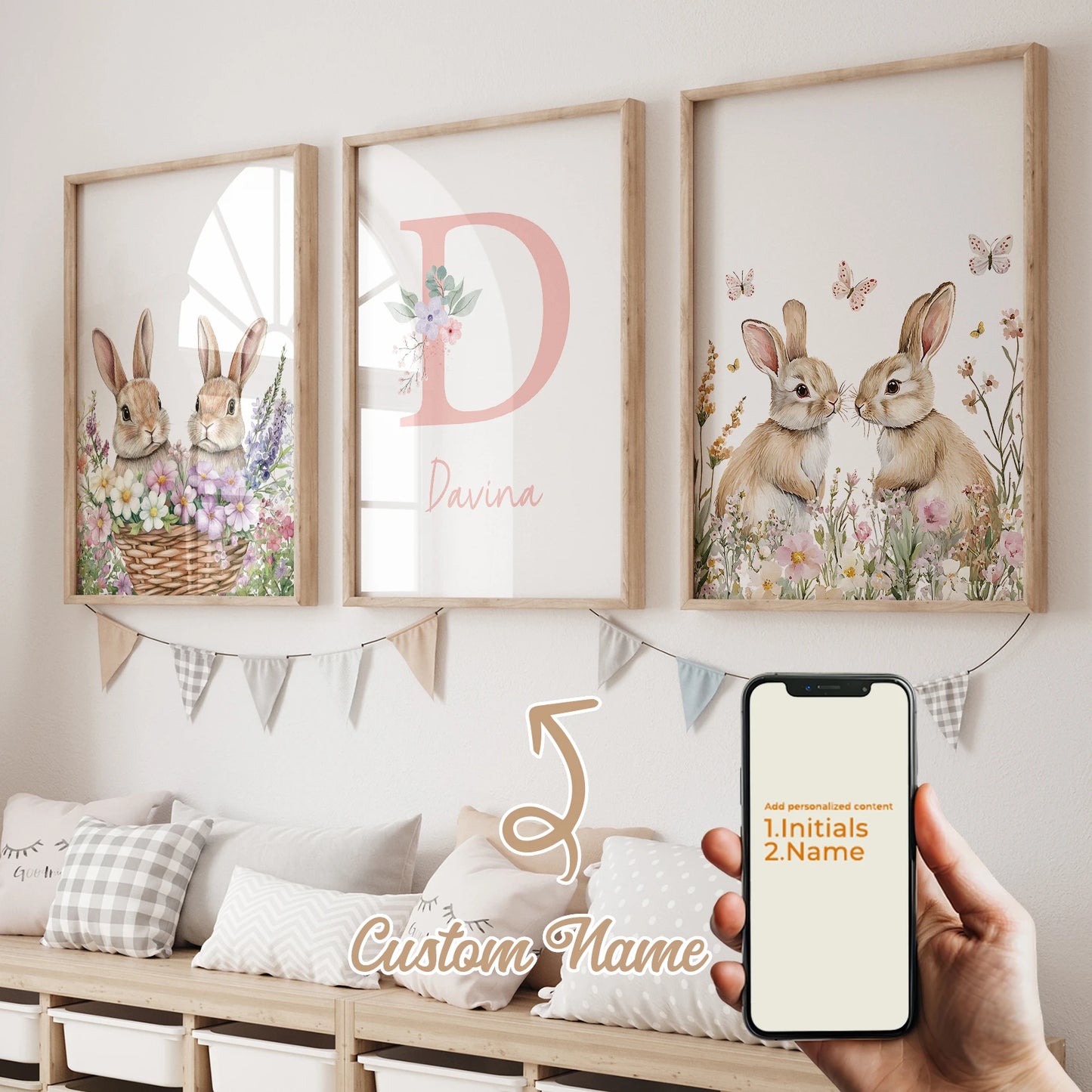 3-Piece Personalized Butterfly Rabbit Kids Canvas Wall Art