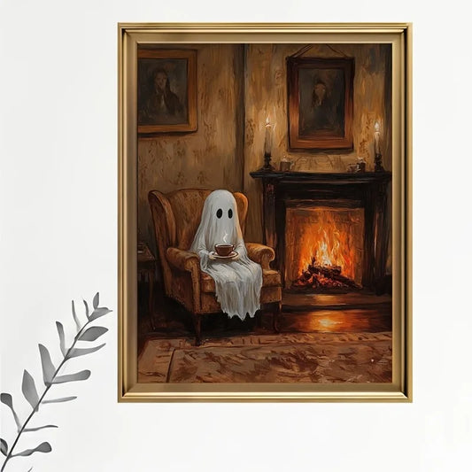 Spooky Ghost Tea Time Halloween Canvas Wall Art | Unframed Halloween Canvas Print Peaceful Pleasures Health and Wellness