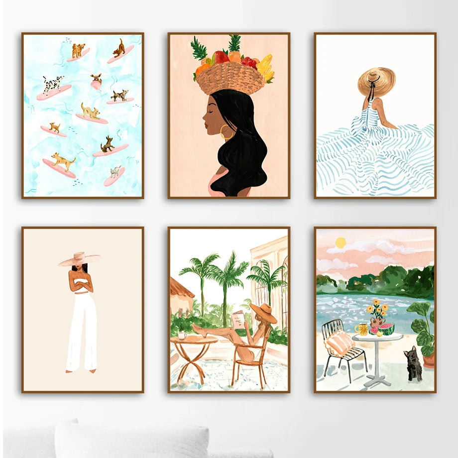 Summer Beach Leisure Holiday Fashion Wall Art Canvas Painting Nordic Poster Room Decor Tropical Watercolor Sunbathe Surfing Peaceful Pleasures Health and Wellness