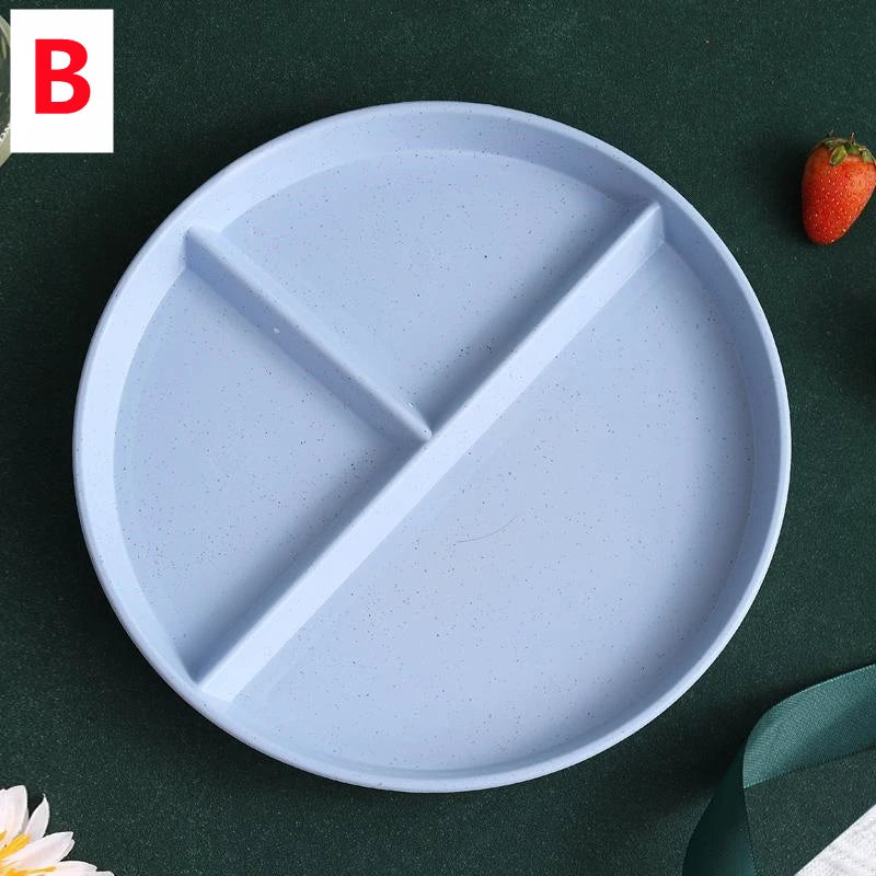 Three-Grid Eco-Friendly Wheat Straw Divided Plate Fruit Salad Food Tray Dinner Plate Compartment Plate Kitchen Dinnerware Plates Peaceful Pleasures Health and Wellness B 22cm