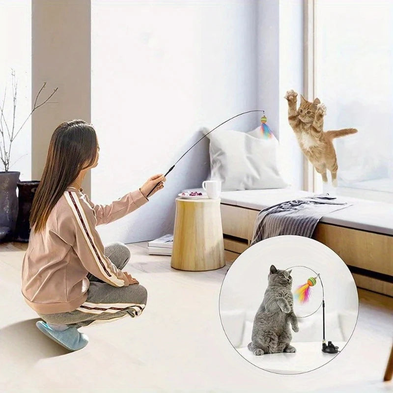 Interactive Cat Toys Kit Feather Toys with 1 Wands, 1 Suction Cups, Replacement Feather Heads for Indoor & Outdoor Play Peaceful Pleasures Health and Wellness