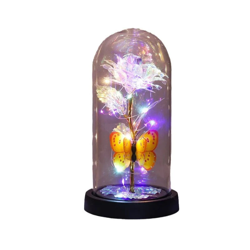 Glass Cover Rose Immortality Flower with Lamp Qixi Valentine's Day Gift Creative Decoration Decorations Peaceful Pleasures Health and Wellness