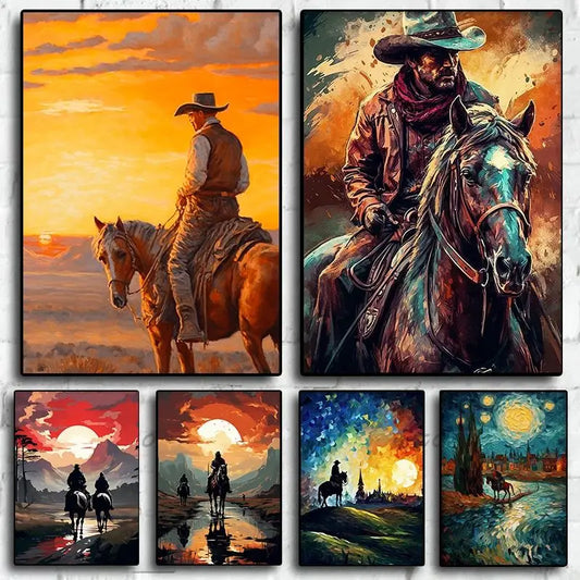 Impressionist Cowboy & Horse Canvas Wall Art | Wild West Print Canvas Wall Art Peaceful Pleasures Health and Wellness