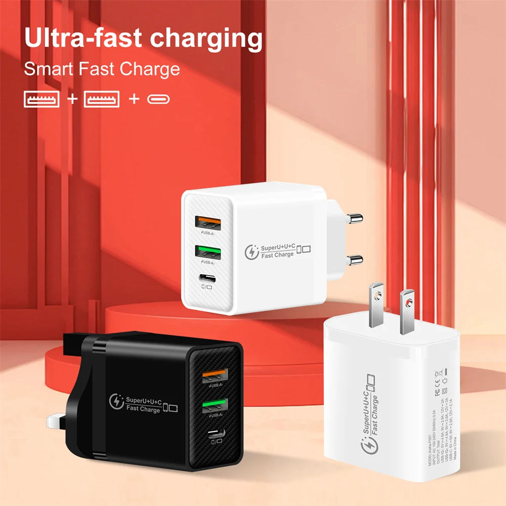 48W USB-C Fast Charger 3-Port PD QC3.0 Wall Adapter EU/US/UK