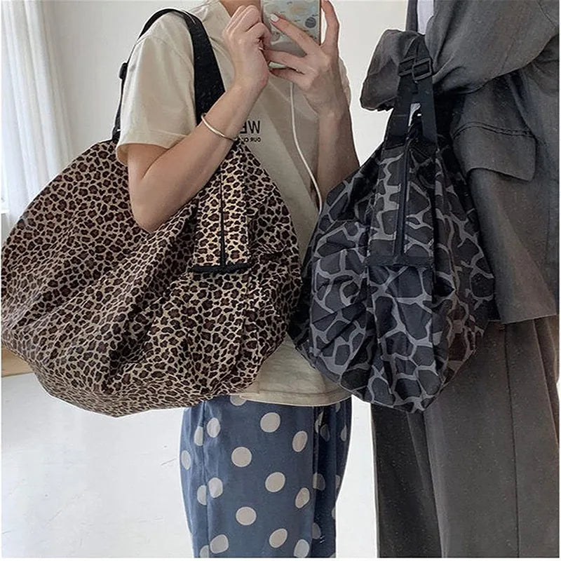 Leopard Print Foldable Shopping Bag Large Capacity Reusable Tote for Supermarket Grocery Travel Portable Shoulder Pouch Peaceful Pleasures Health and Wellness