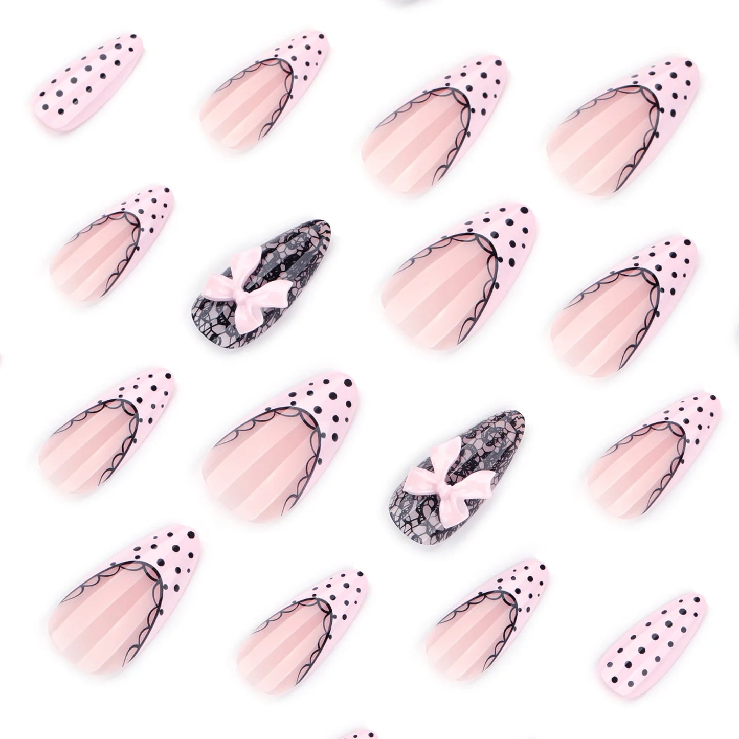 24pc Gothic Press On Nails Black Bow Cat Eye Almond Y2K