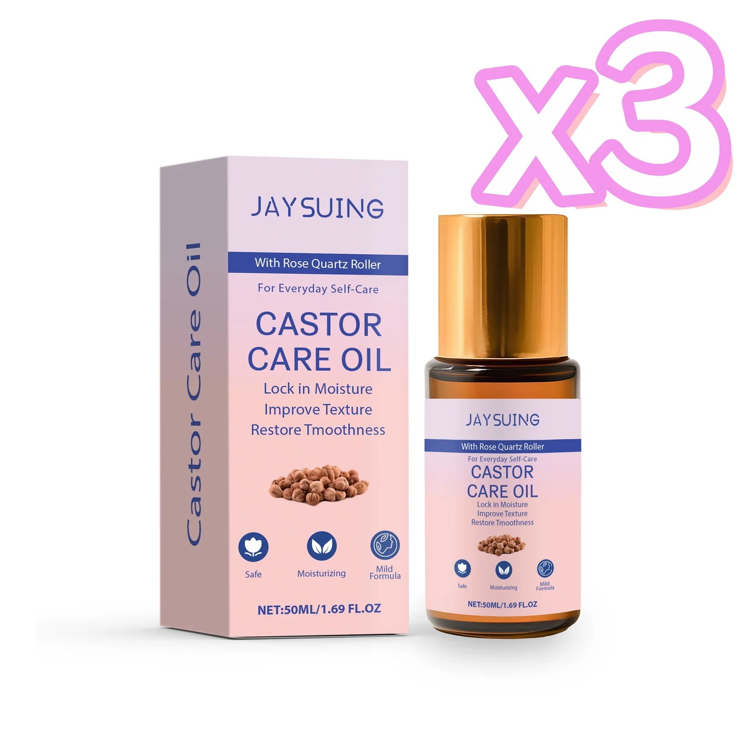 Organic Castor Oil Rose Quartz Roller – Skin & Hair Care 50ml