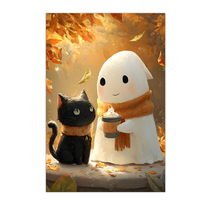 Animal Wall Art, Nordic Cute Ghost and Black Cat Canvas Painting, Halloween Poster Print for Bedroom Living Room Wall Decor Peaceful Pleasures Health and Wellness 04 50x70cm NoFrame China Mainland