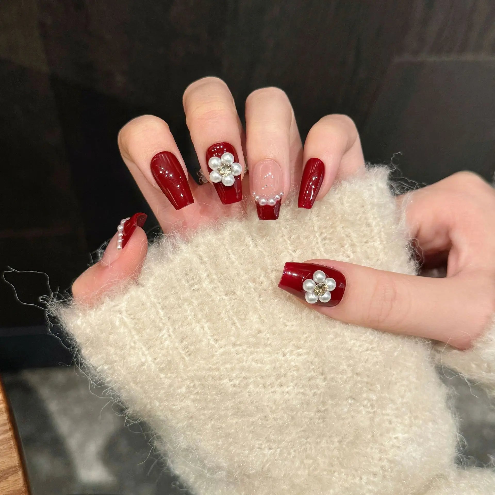 Handmade Press on Nails Short Red French Fake Nails with 3D Pearl Flower Design Sweet Korean Style False Nail Tips for Girl Peaceful Pleasures Health and Wellness