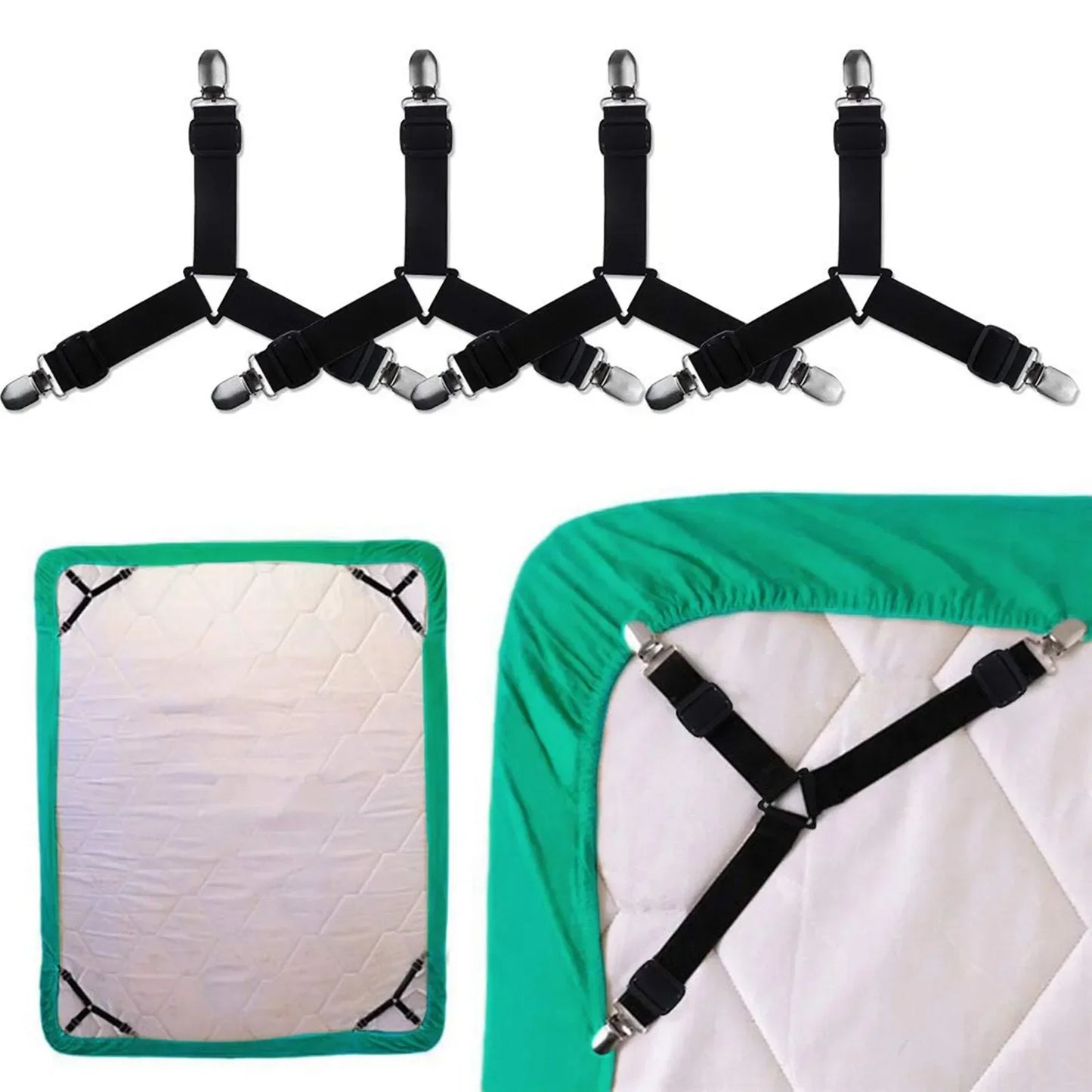 4-Pack Elastic Bed Sheet Holder Straps – 3-Way Corner Clips