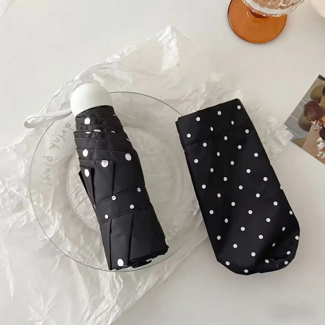 Polka Dot Pattern Portable Folding Umbrella Dual Use Rain and Sun Capsule Parasol Black Glue Sunshade Umbrella Peaceful Pleasures Health and Wellness metal-fiber composite 6K black