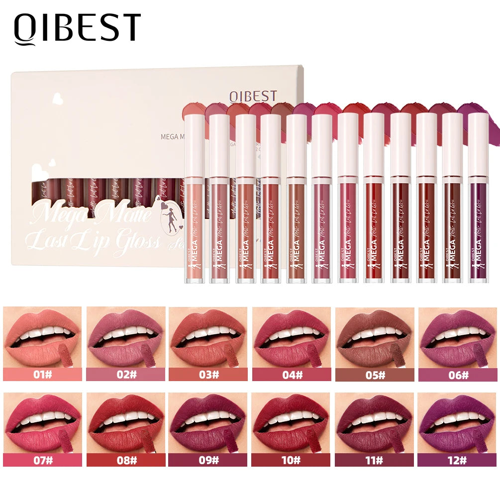 QIBEST 12pcs/set Nude Lip Gloss Matte Velvet Lipstick Waterproof Long-lasting Liquid Lipstick Women Makeup Moist Lip Glaze Tint Peaceful Pleasures Health and Wellness