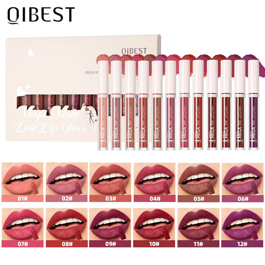 QIBEST 12pcs/set Nude Lip Gloss Matte Velvet Lipstick Waterproof Long-lasting Liquid Lipstick Women Makeup Moist Lip Glaze Tint Peaceful Pleasures Health and Wellness