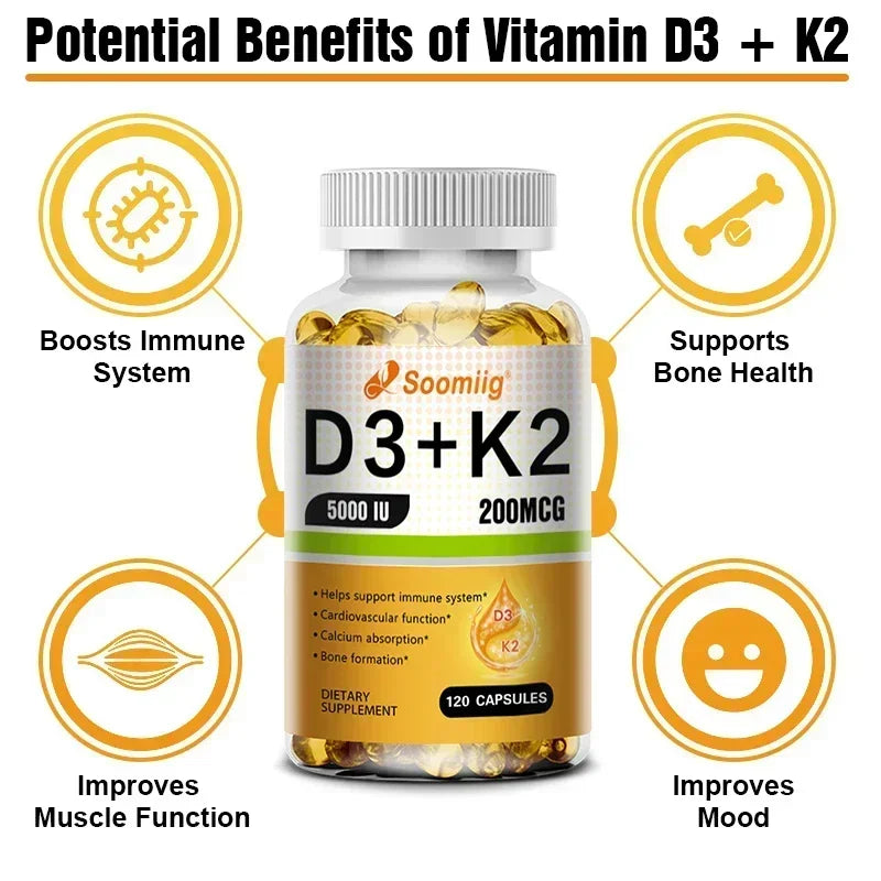 Vitamin D3 5000IU + K2 MK-7 200mcg Capsules | Bone & Immune