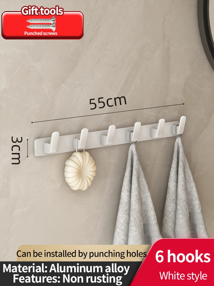 6-Hook Aluminum Wall Hook Rack for Kitchen & Bathroom