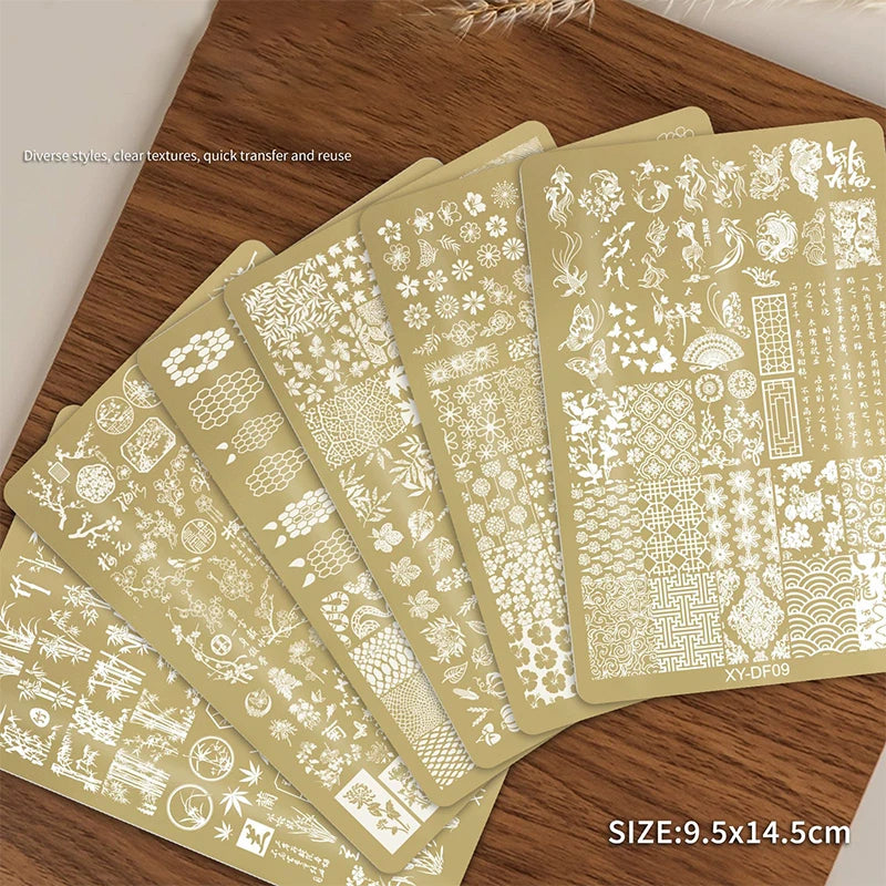 Large Gold Nail Stamping Plates Butterfly Flower Bamboo Forest Pattern Stainless Steel Stencil Nail Art Stamps Template Peaceful Pleasures Health and Wellness