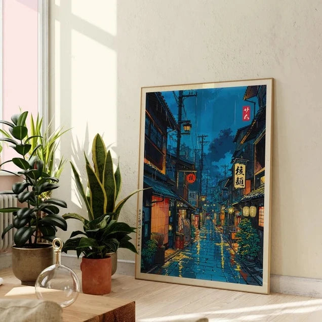 Japanese Tokyo Teahouse Cartoon Canvas Print Anime City Street Cafe Scene Wall Art Poster for Modern Living Room Home Decor Gift Peaceful Pleasures Health and Wellness