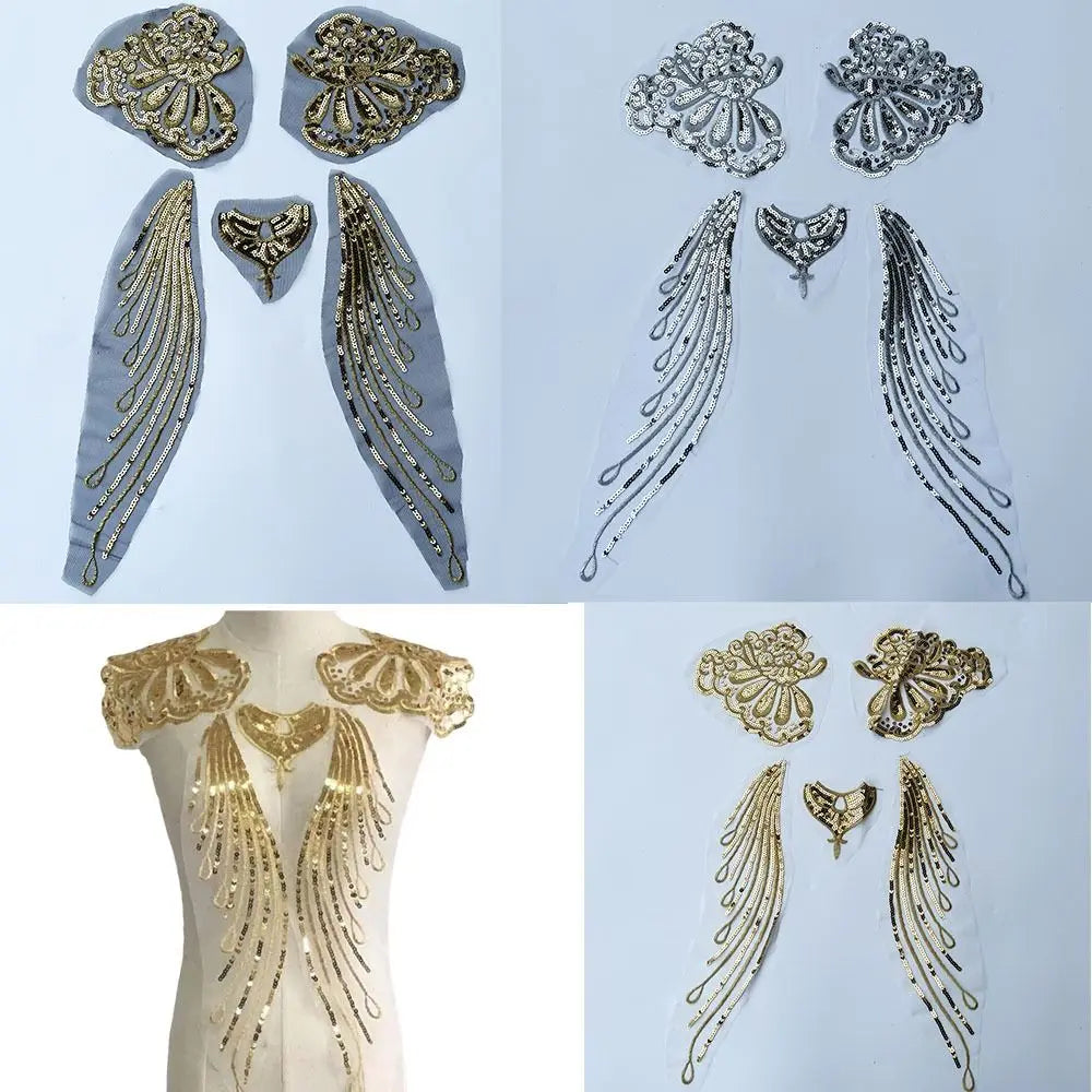 Gold & Silver Sequin Embroidered Wing Patch Set | Organza Trim