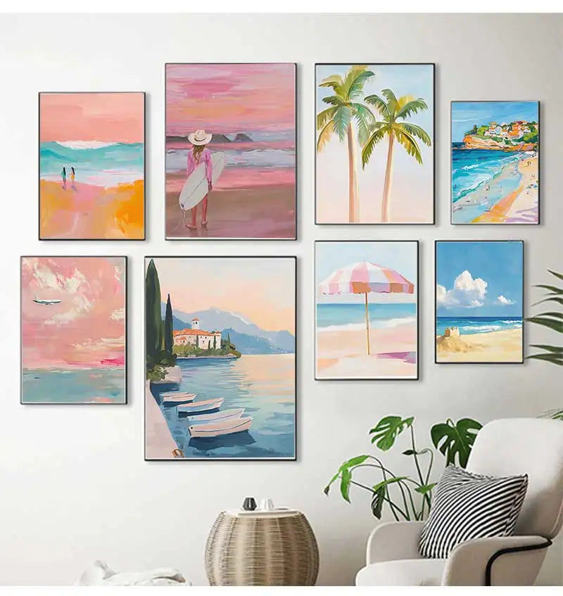 Beach Surfing Canvas Wall Art | Summer Seaside Poster Print Canvas Wall Art Peaceful Pleasures Health and Wellness